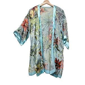 Chicos Tropical Bird Floral Burnout Kimono Wrap Satin Blue Silk Blend medium